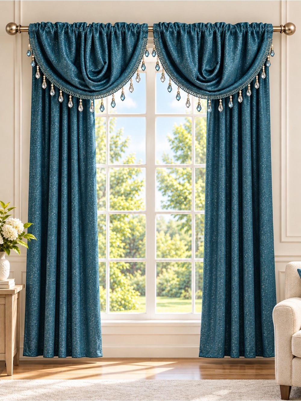 Blue Glitter Curtains with Beaded Valances – 4-Piece Set